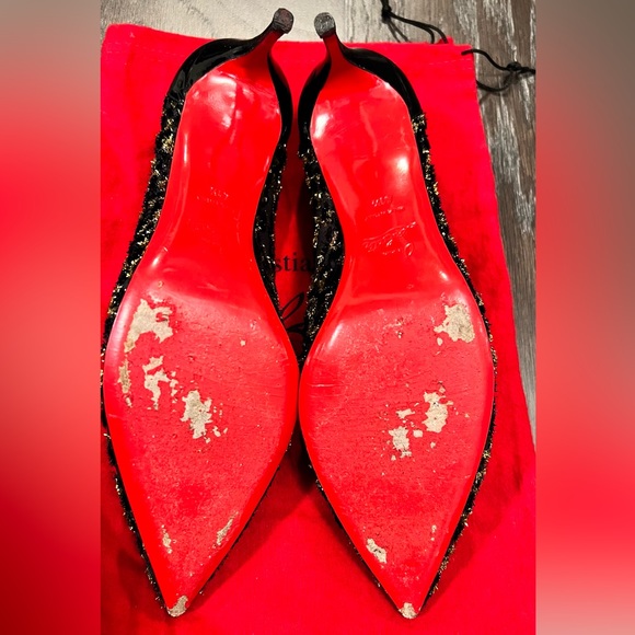 Christian Louboutin Black Gold Lace 85 Chiffon Leopard Pumps - Picture 4 of 5